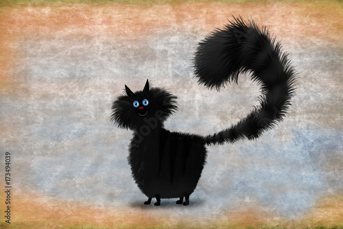 Fototapeta Czarny puszysty kot stojący na brązowym tle