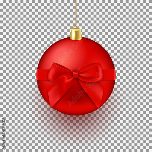 Realistic Christmas red ball isolated on transparent backdrop. Holiday festive toy with satin bow. Vector illustration.