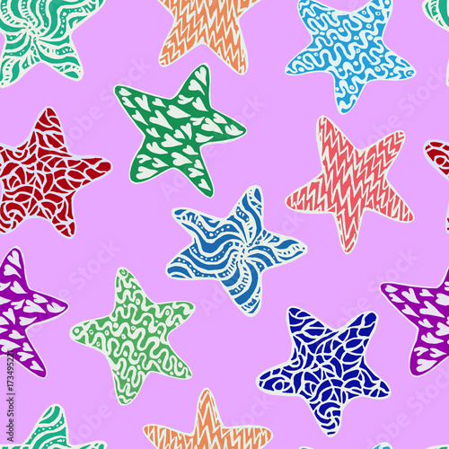 Stars, hand drawn doodle, sketch in naïve, pop art style, white outline seamless pattern design on purple background