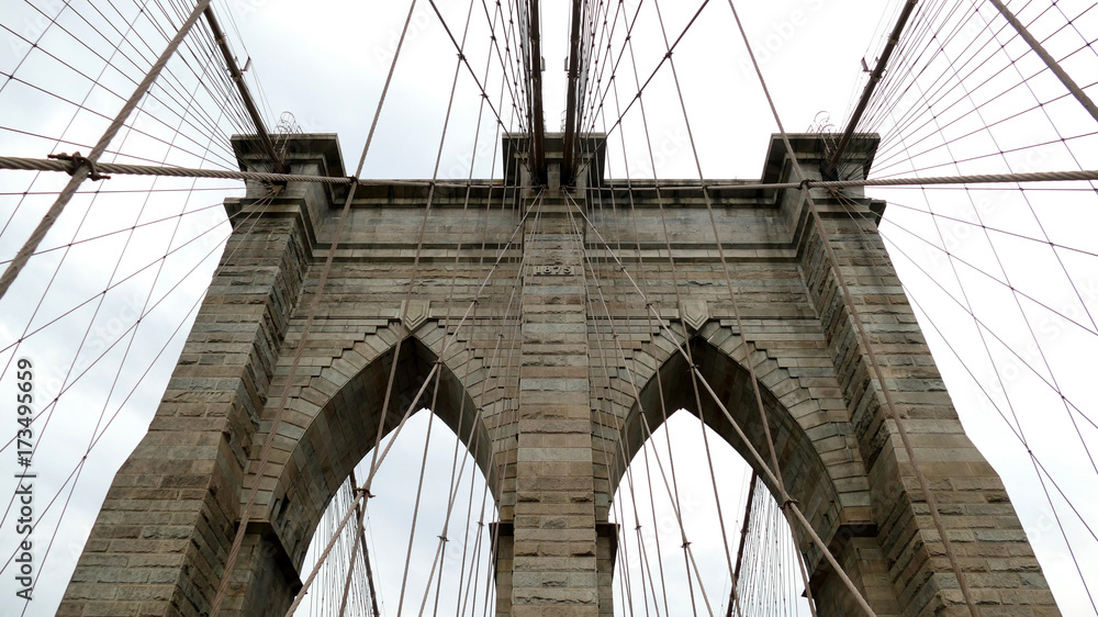 Fototapeta premium Brooklyn bridge detail in New York City - stone and cable