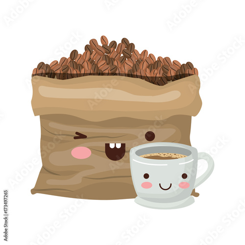 bag with beans and cup of coffee colorful kawaii silhouette vector illustration