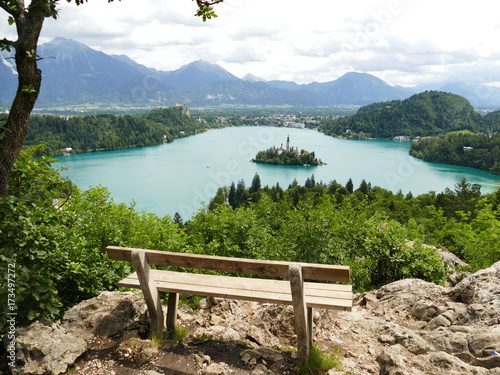 Amazing view of lake Bled in Slovenia, Europe from a neighboring hill