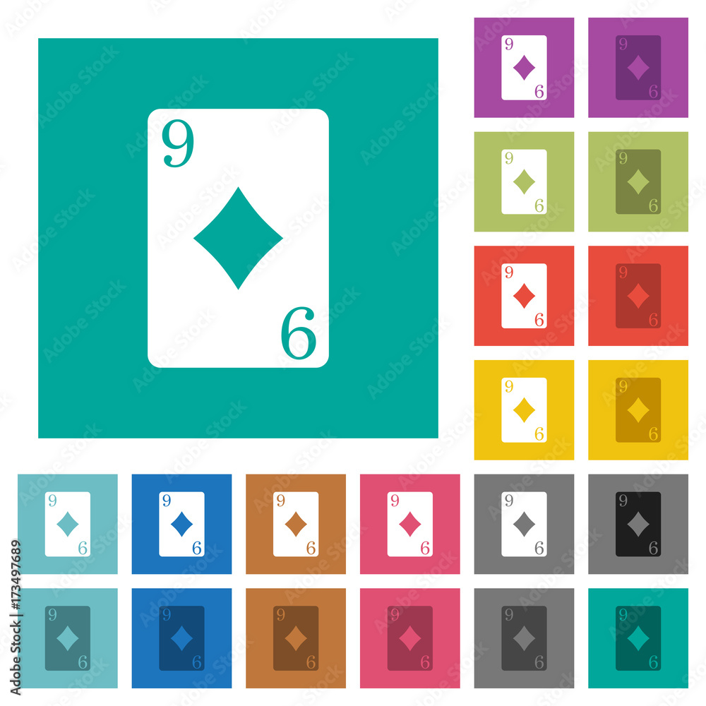 Nine of diamonds card square flat multi colored icons Nine of diamonds card square flat multi colored icons