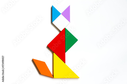 Free Download Colorful wood tangram puzzle in sitting cat shape on white background - GFXLoad