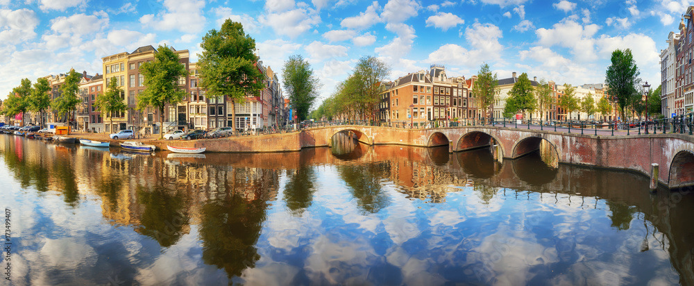 Amsterdam Canal houses  vibrant reflections, Netherlands, panorama
