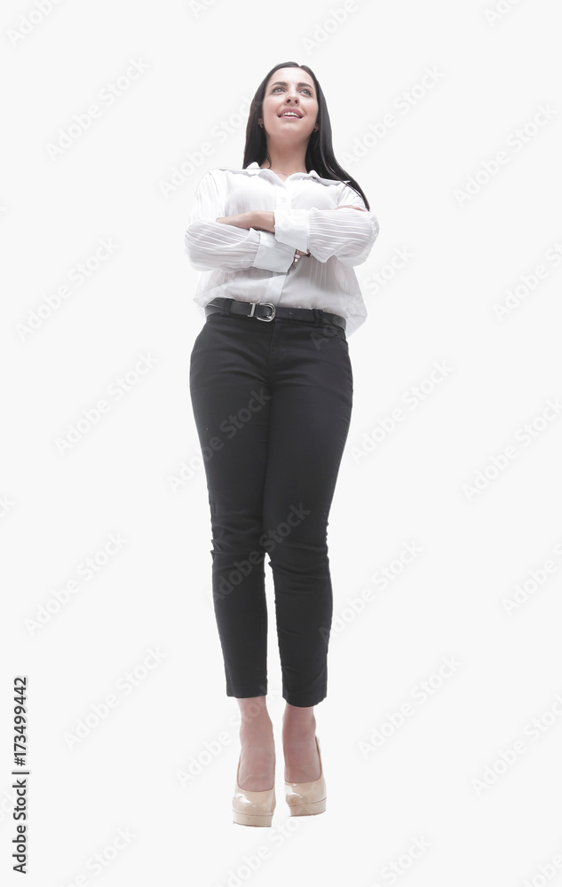 view from below. in full growth. successful young woman. view from below. in full growth. successful young woman.