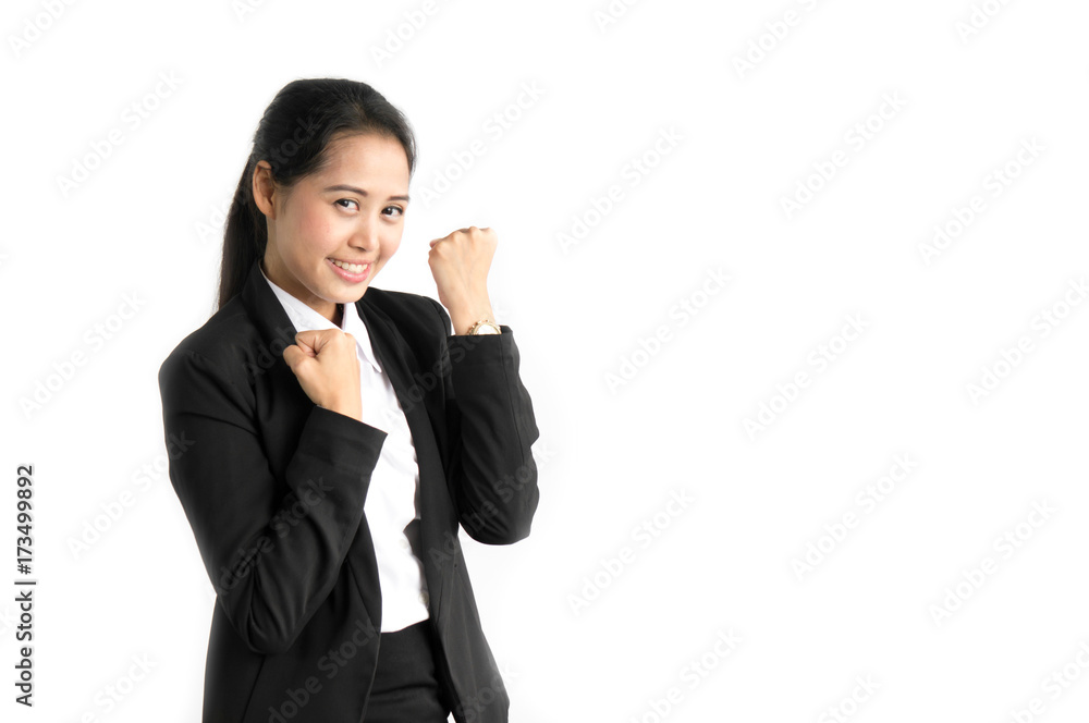 Business woman successful and achieve target on white background Business woman successful and achieve target on white background