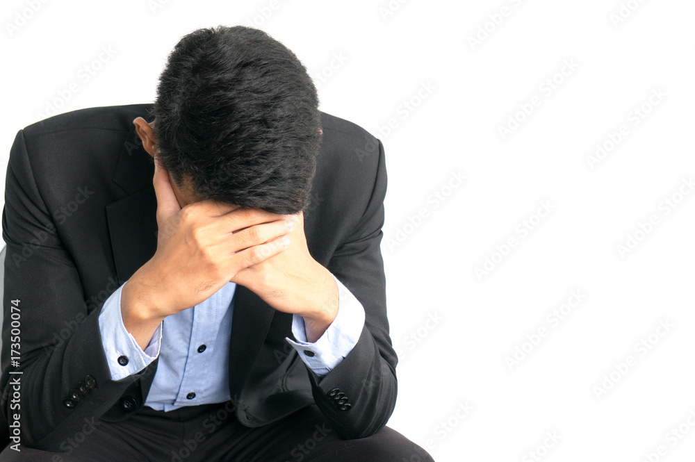 Asian businessman feeling stress and headache on white background Asian businessman feeling stress and headache on white background