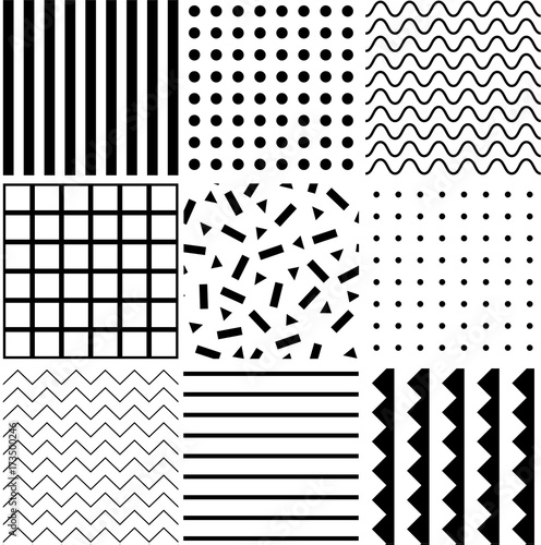 Set of monochrome seamless pattern in memphis style. Black geometric shapes on white background. 