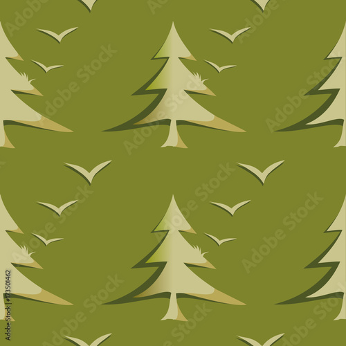 Olive green pine trees with birds flying illustration vector seamless pattern background, gradient and shadow