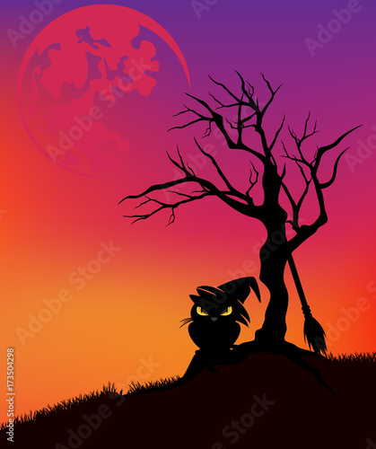 halloween vector background with black cat wearing witch hat, dead tree and huge moon in sunset sky