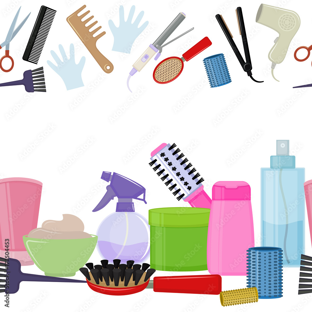 Seamless horizontal borders of colorful equipments for styling and hair care. Products and tools for home remedies of hair care. Vector