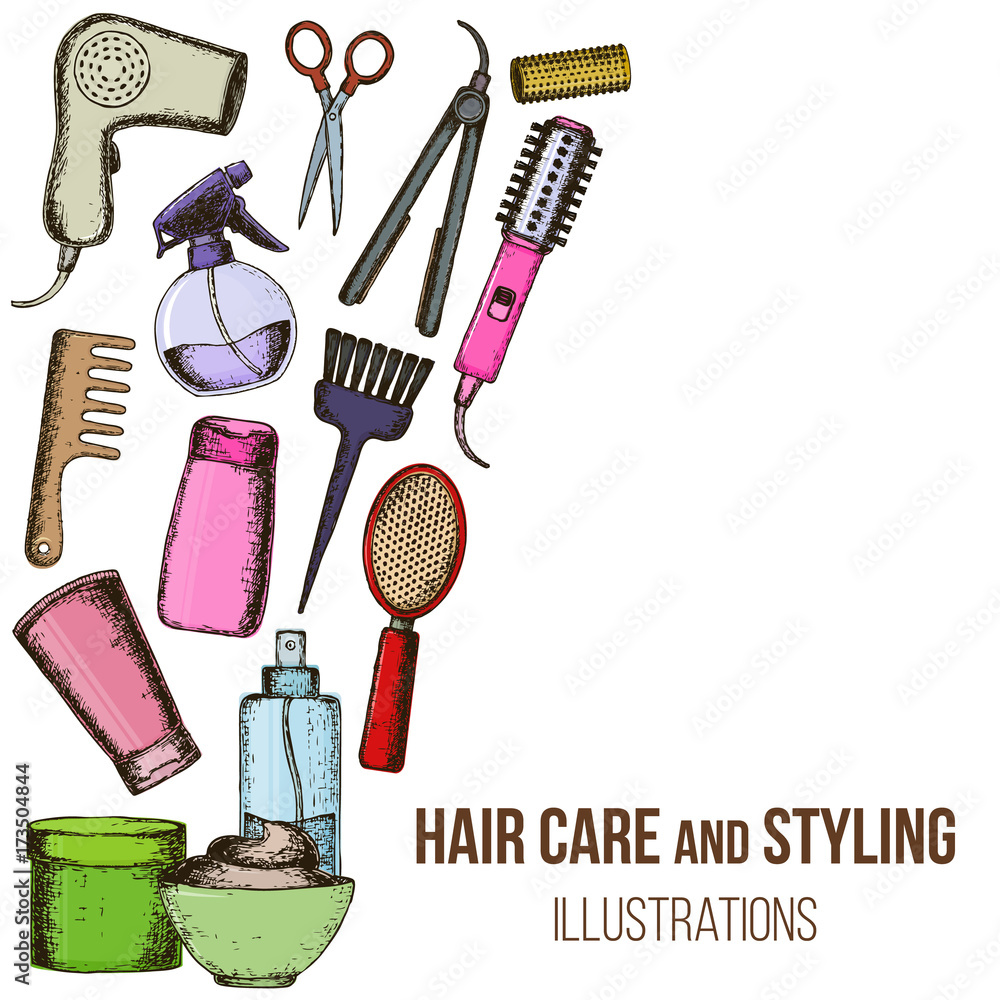 Set of colorful sketch equipments for styling and hair care. Products and tools for home remedies of hair care. Vector