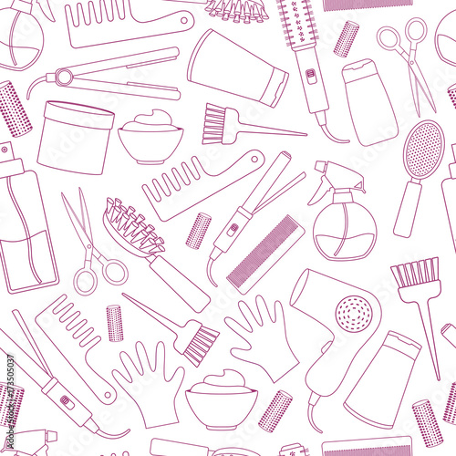 Seamless background of line equipments for styling and hair care. Products and tools for home remedies of hair care. Vector