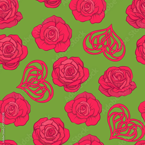 Seamless pattern with red roses and love heart on green backgrou