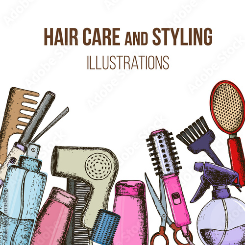 Set of colorful sketch equipments for styling and hair care. Products and tools for home remedies of hair care. Vector