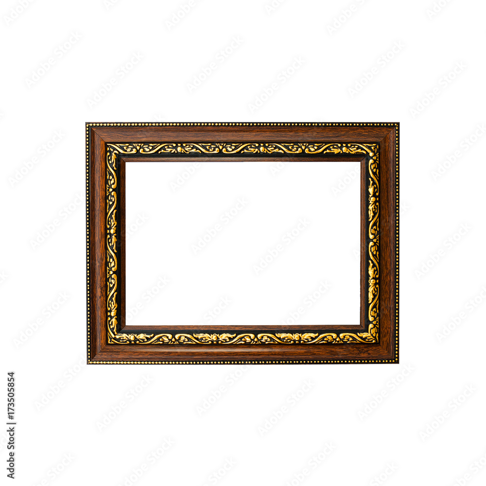 Brown antique frame with golden pattern isolated on white background. Object with clipping path Brown antique frame with golden pattern isolated on white background. Object with clipping path