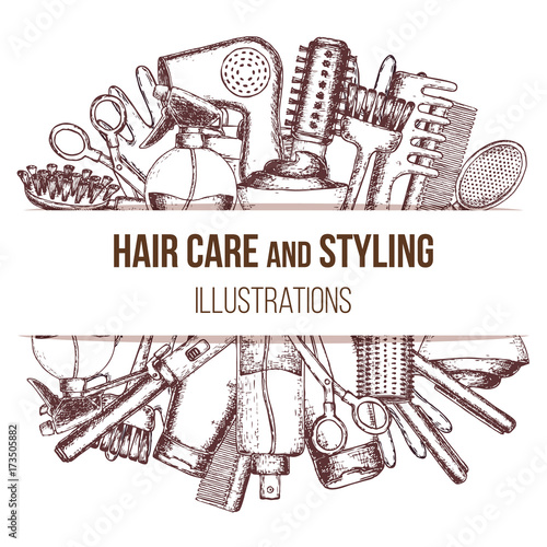 Set of sketch equipments for styling and hair care. Products and tools for home remedies of hair care. Vector