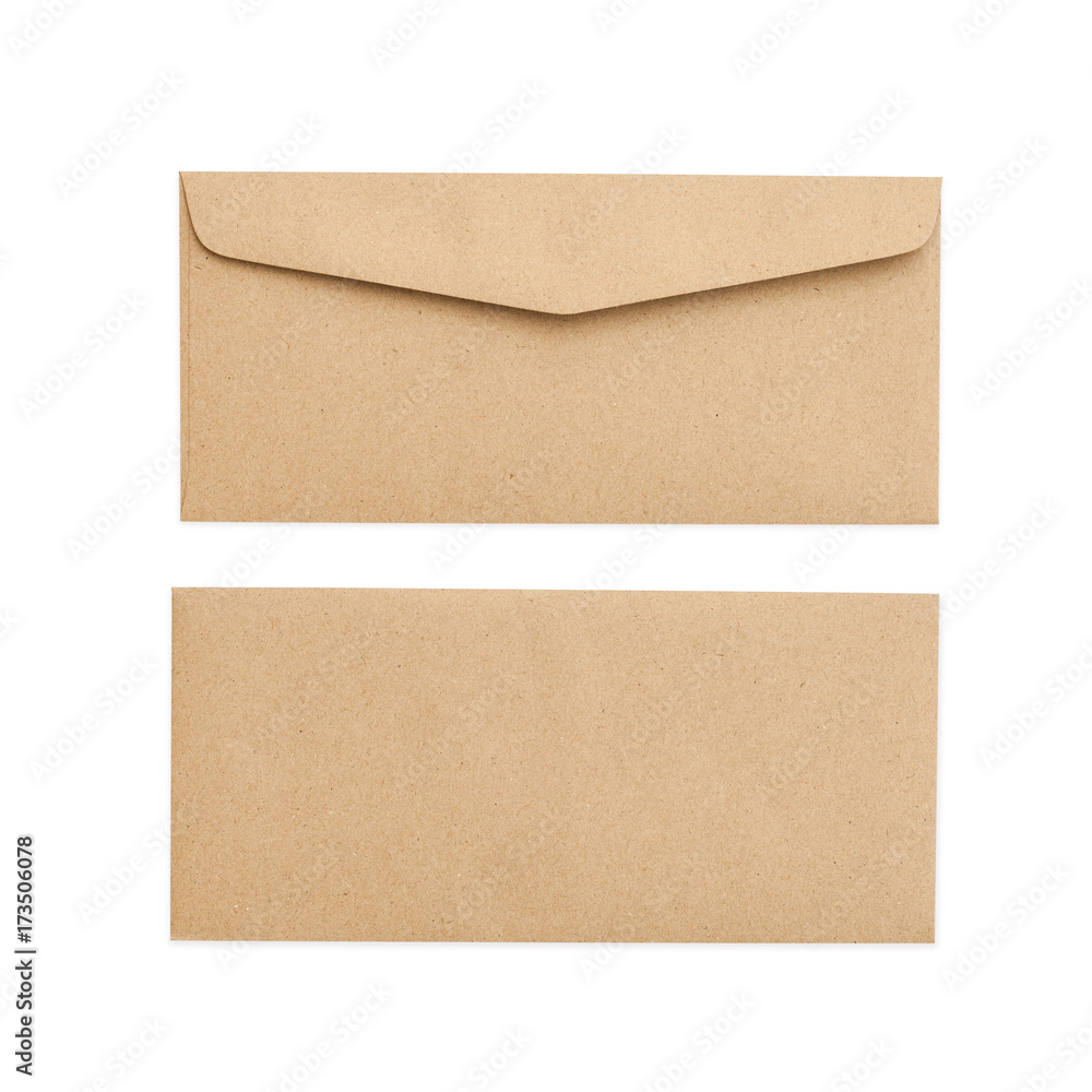Brown envelope front and back isolated on white background. Letter top