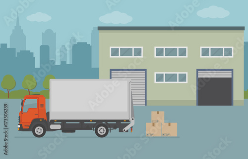 Warehouse building and truck on city background. Vector illustration. 
