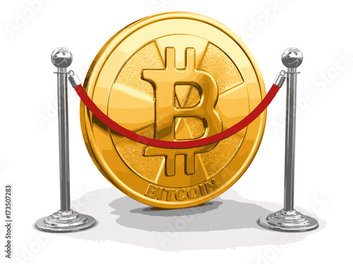 Golden bitcoin  and chrome stanchions with rope. Image with clipping path