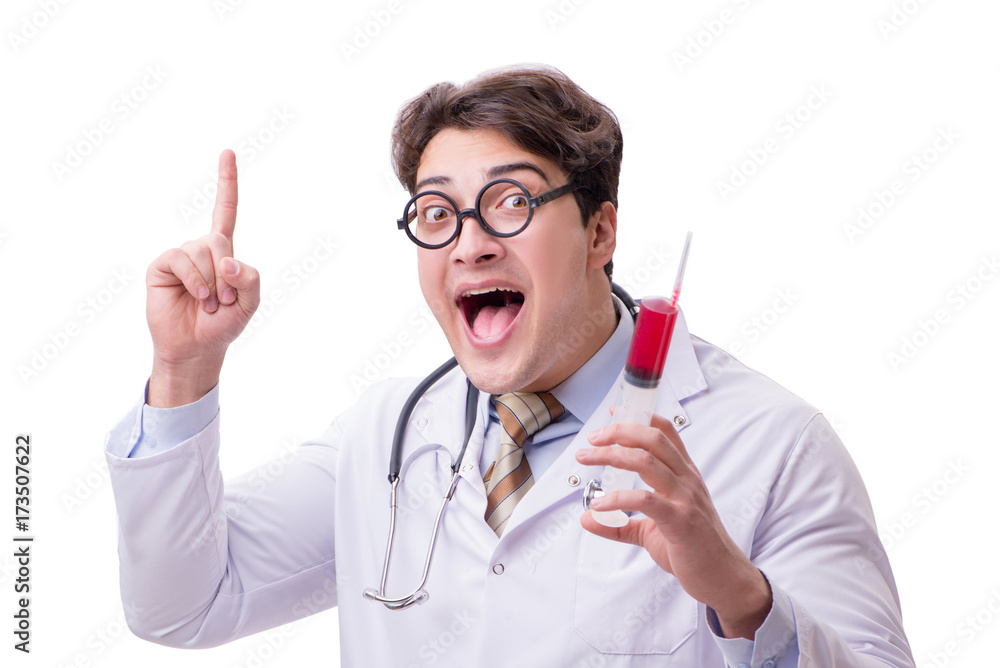 Funny doctor with syringe isolated on white Funny doctor with syringe isolated on white