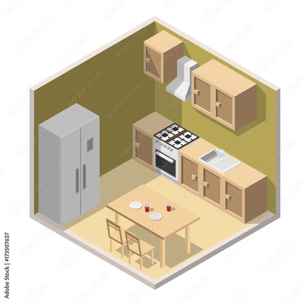 Obraz premium Isometric Kitchen interior flat style vector modern Illustration set