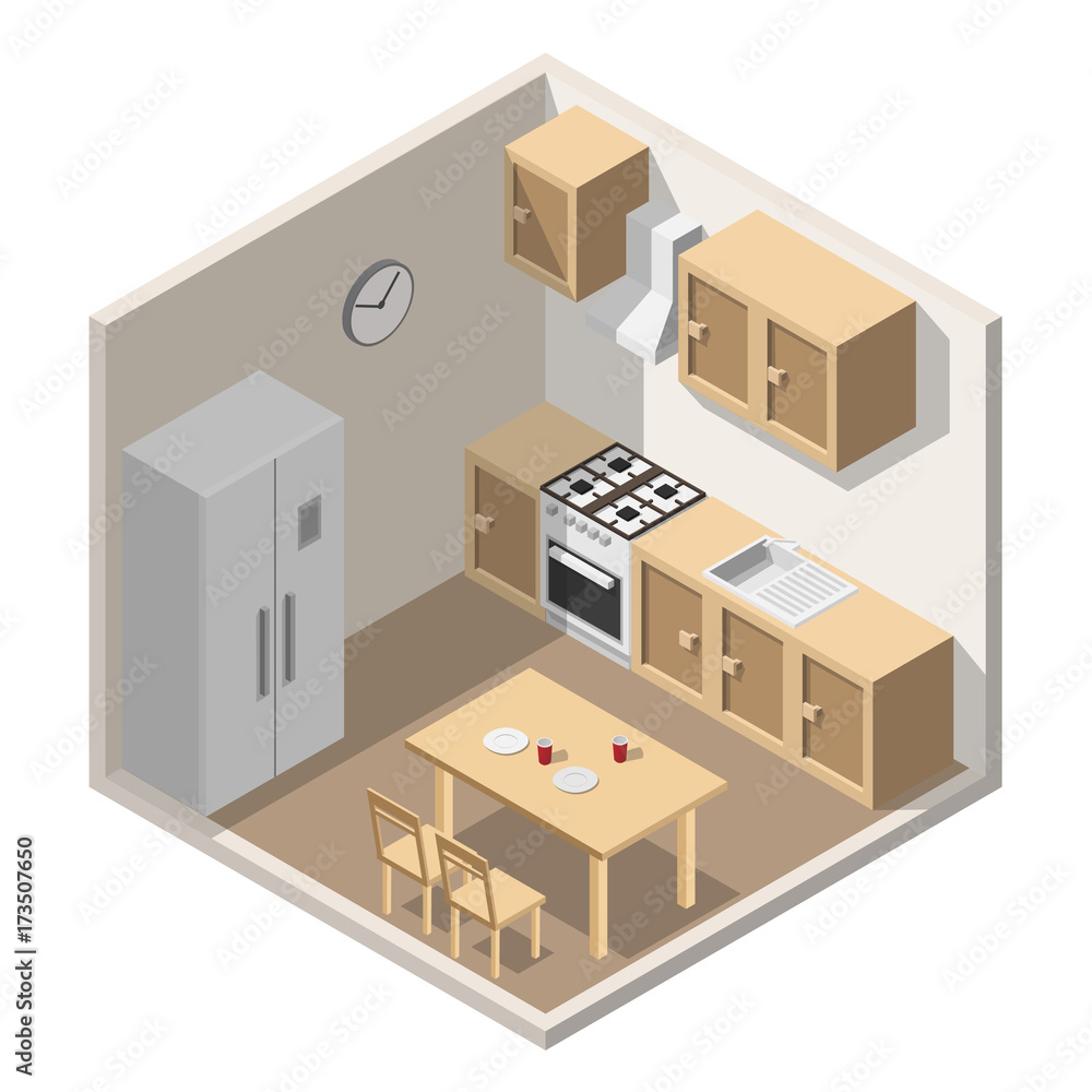 Isometric Kitchen interior flat style vector modern Illustration set