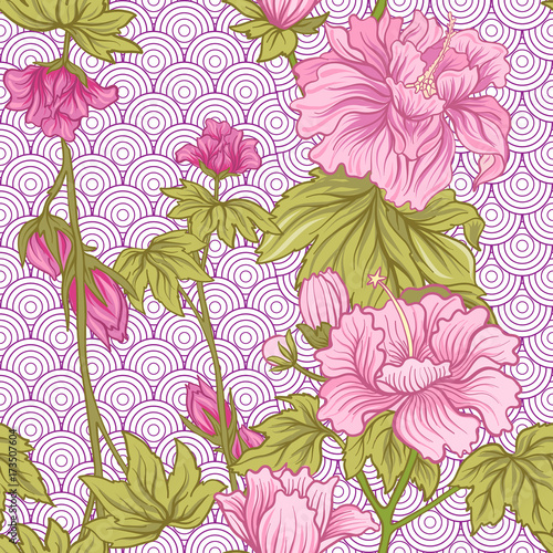 Seamless pattern with pink peony in Japanese style. Vector stock