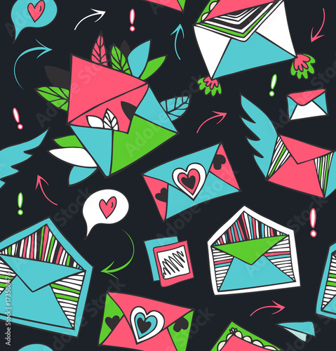 Decorative cute mail pattern. Seamless background with lovely drawn letters, envelopes