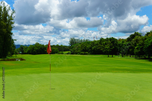 beautiful idyllic view of green with red flag and view of forest, blue sky with clouds.