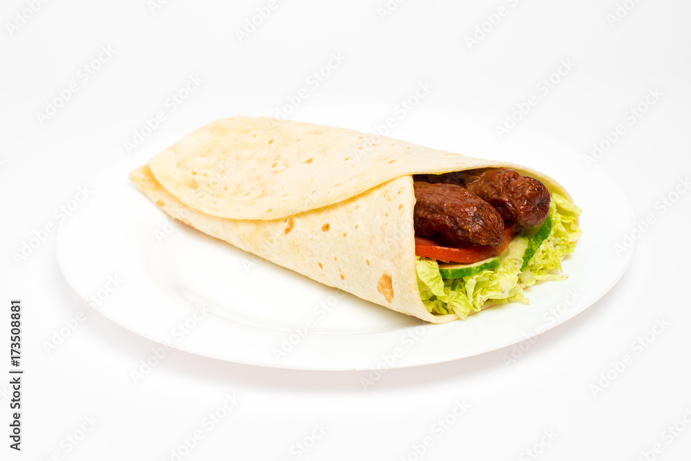 Burrito with grilled chicken and vegetables isolated on white background