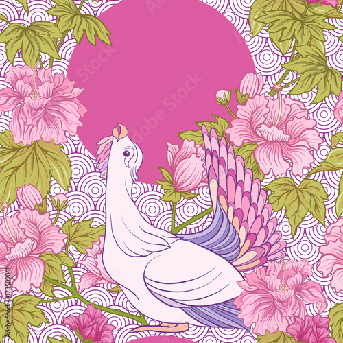 Seamless pattern with pink peony and bird in Japanese style. Vec