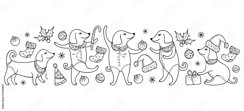 Vector border with outline happy dog in black isolated on white background. Symbol of Chinese New Year 2018 in contour style. Ornate dogs and decoration for winter holiday design and coloring book. Vector border with outline happy dog in black isolated on white background. Symbol of Chinese New Year 2018 in contour style. Ornate dogs and decoration for winter holiday design and coloring book.
