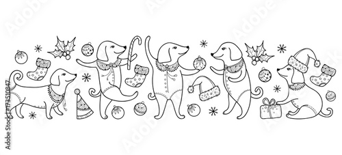 Vector border with outline happy dog in black isolated on white background. Symbol of Chinese New Year 2018 in contour style. Ornate dogs and decoration for winter holiday design and coloring book.