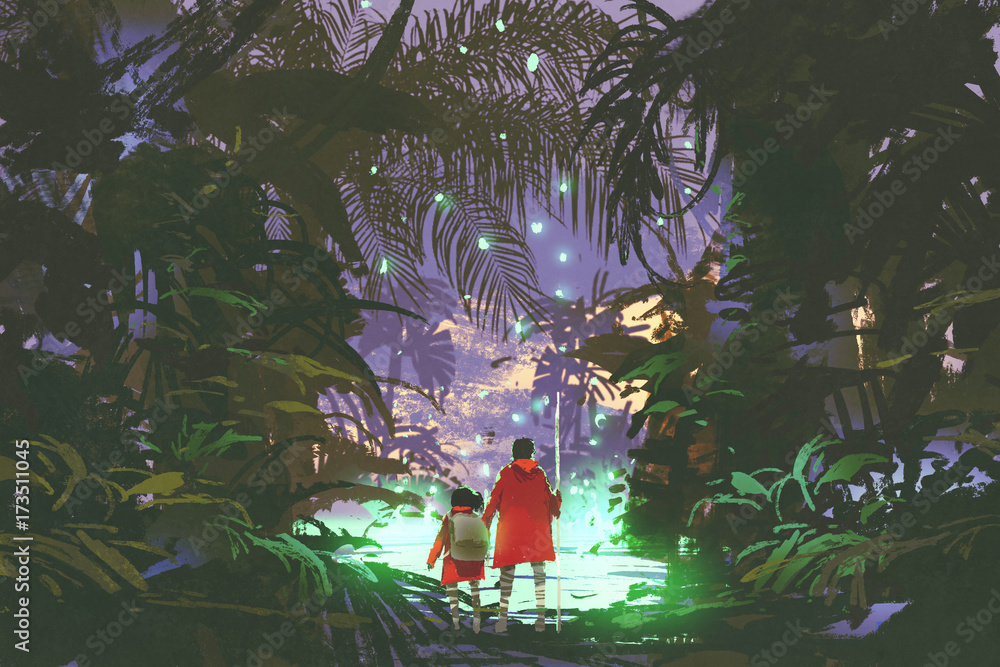 Obraz premium mężczyzna i dziewczynka patrząc na świecące zielone bagno w lesie fantasy, cyfrowy styl sztuki, malowanie ilustracji