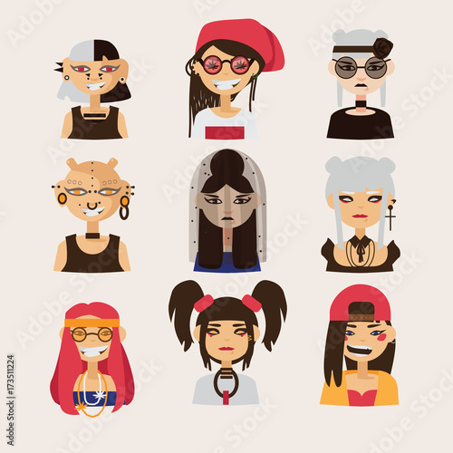 Vector set with female subcultural characters. Rasta, body modification, hipster, goth, visual kei girls.