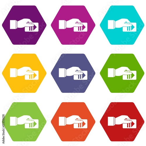 Hand with parking ticket icon set color hexahedron