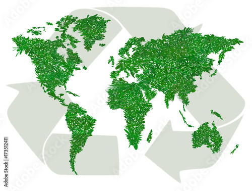 Green world map with sign of recycling