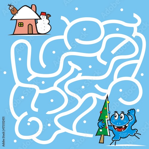 Labyrinth, game for children. Chritmas game. Spook and tree find way to house.