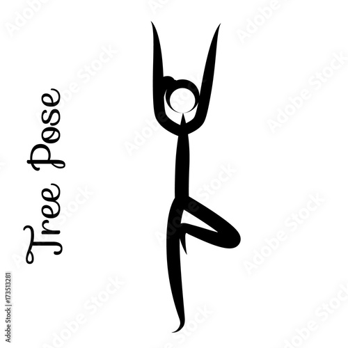Tree Pose, Vrksasana. Yoga Position. Vector Silhouette Illustration. Vector graphic design or logo element for spa center, studio, poster. Yoga retreat. Black. Isolated.