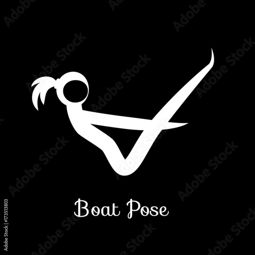 Boat Pose, Paripurna Navasana. Yoga Position. Vector Silhouette Illustration. Vector graphic design or logo element for spa center, studio, class, center, poster. Yoga retreat. White.