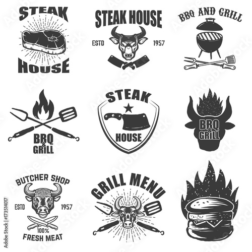 Set of steak house emblems. Grilled meat, barbecue.