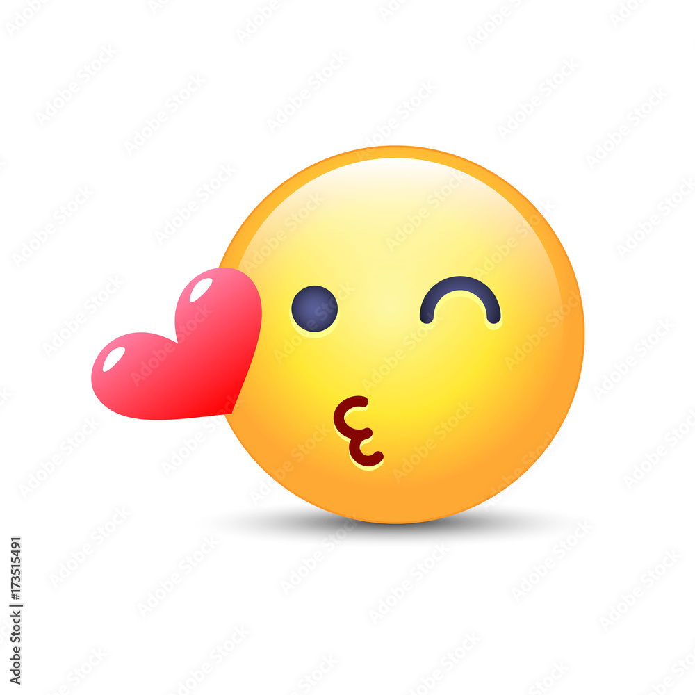 Emoticon face throwing a Kiss. Winking smiley with a heart. Happy loving emoji for applications and chat.