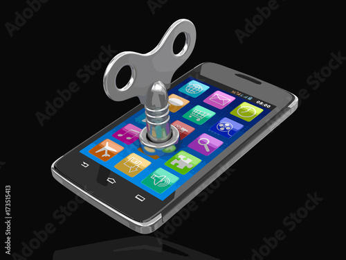 Touchscreen smartphone with winding key. Image with clipping path.