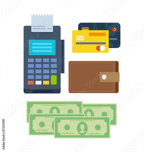 Banking, payment terminal, finance, monetary currencies, gold coins, bank card.