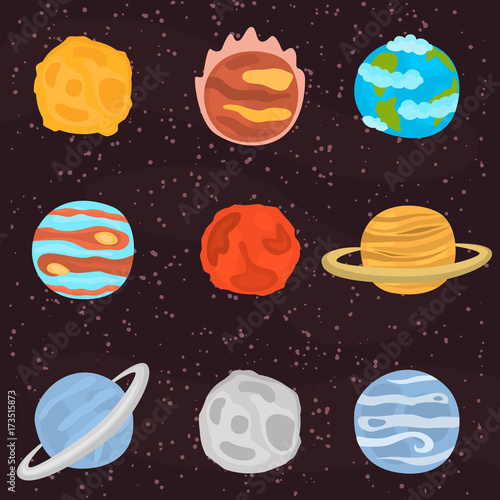 Planets of Solar system color icons set on space background