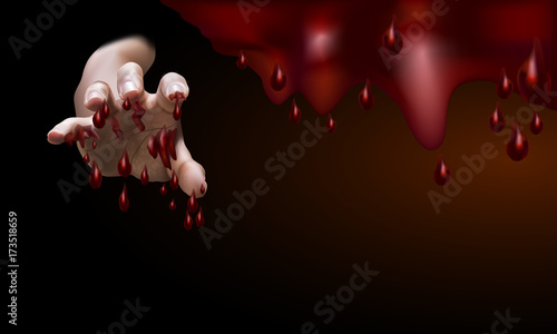 Male hand,full with blood, stretch out to grab something or treathen someone with dropping blood background