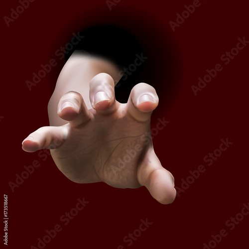 Male hand stretch out from black hole