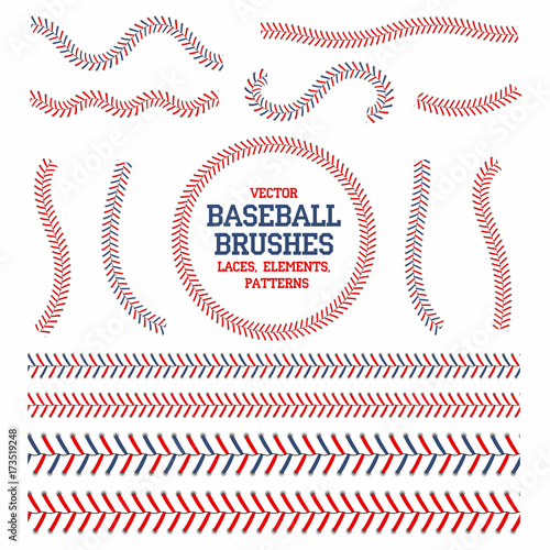 Baseball laces set. Baseball seam brushes. Red and blue stitches, laces for baseball ball decoration